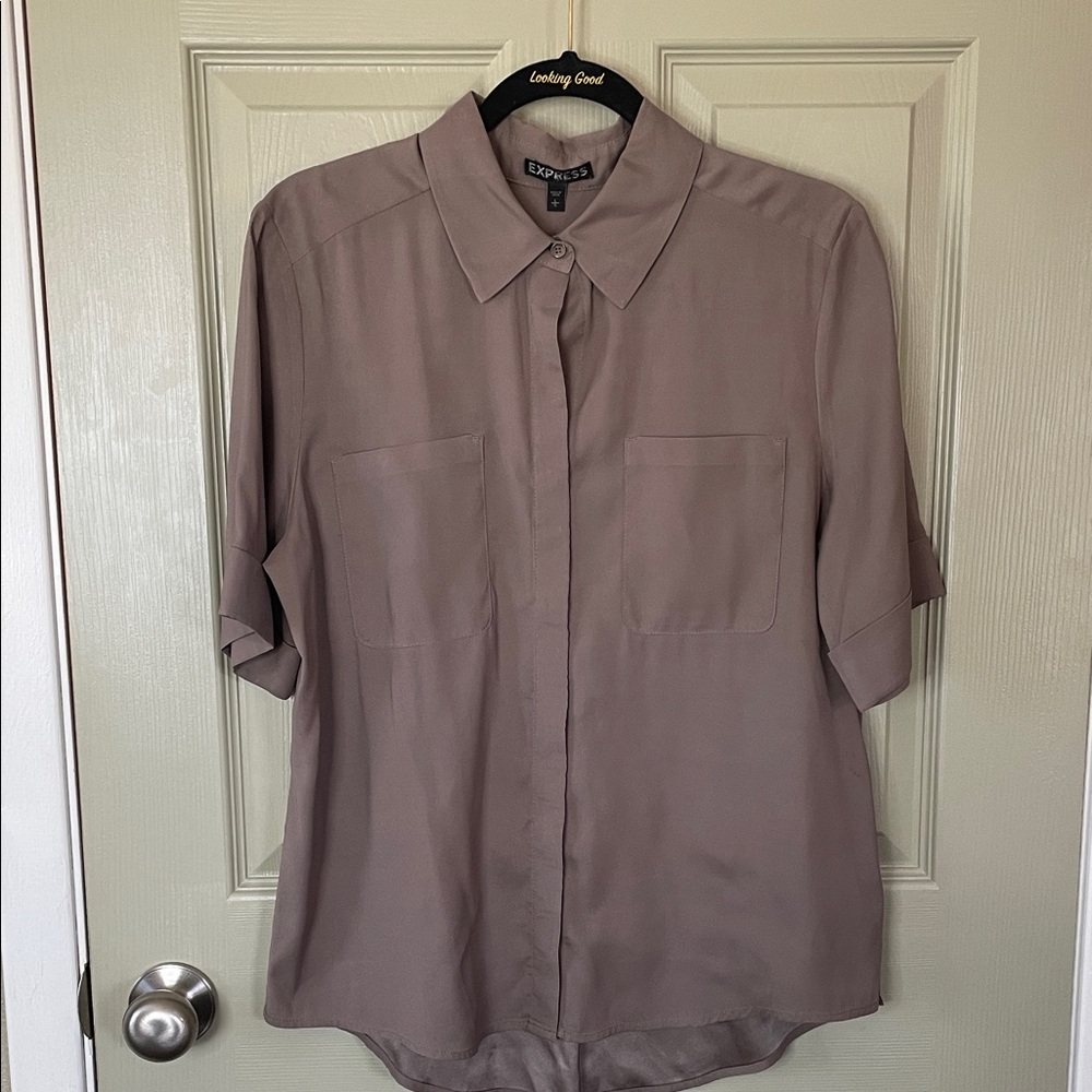 Silky Taupe Vintage Express Blouse with Hidden Buttons.